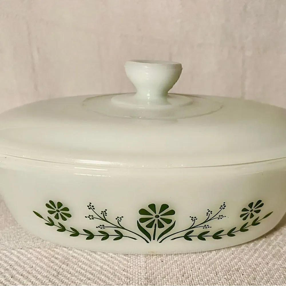 Vintage Glasbake Casserole Dish J235 1 QT Green Daisy Milk Glass Lid.